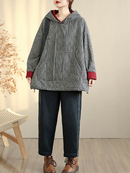 Women Casual Autumn Plaid Cotton Padded Hooded Coat