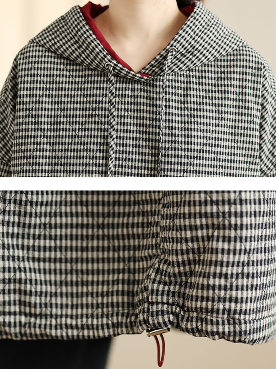 Women Casual Autumn Plaid Cotton Padded Hooded Coat