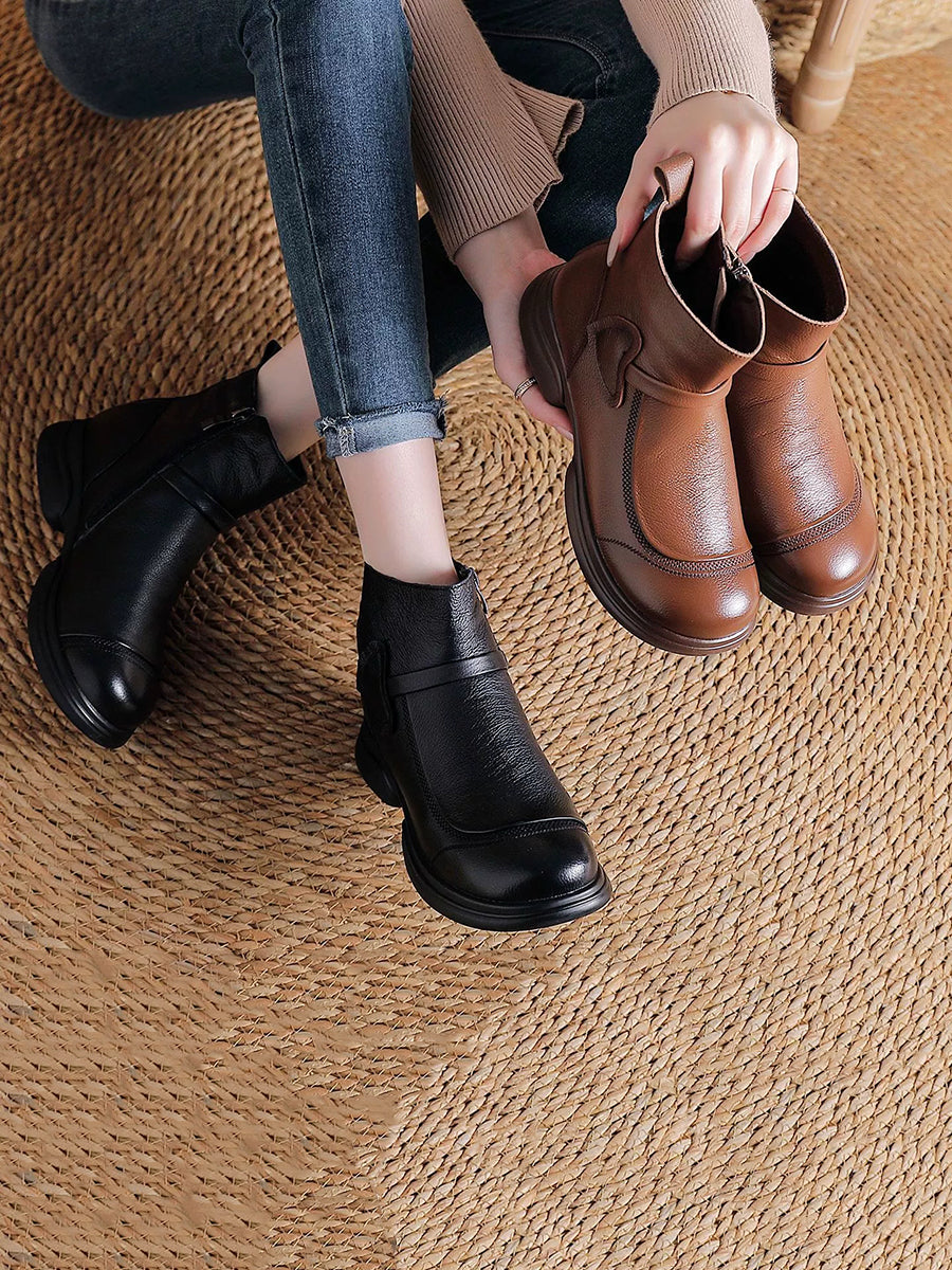 Women Winter Pure Color Leather Mid-Heel Boots