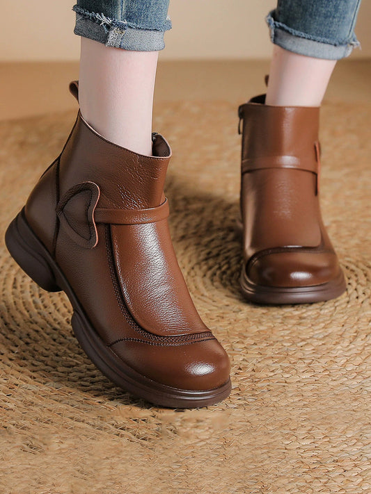 Women Winter Pure Color Leather Mid-Heel Boots