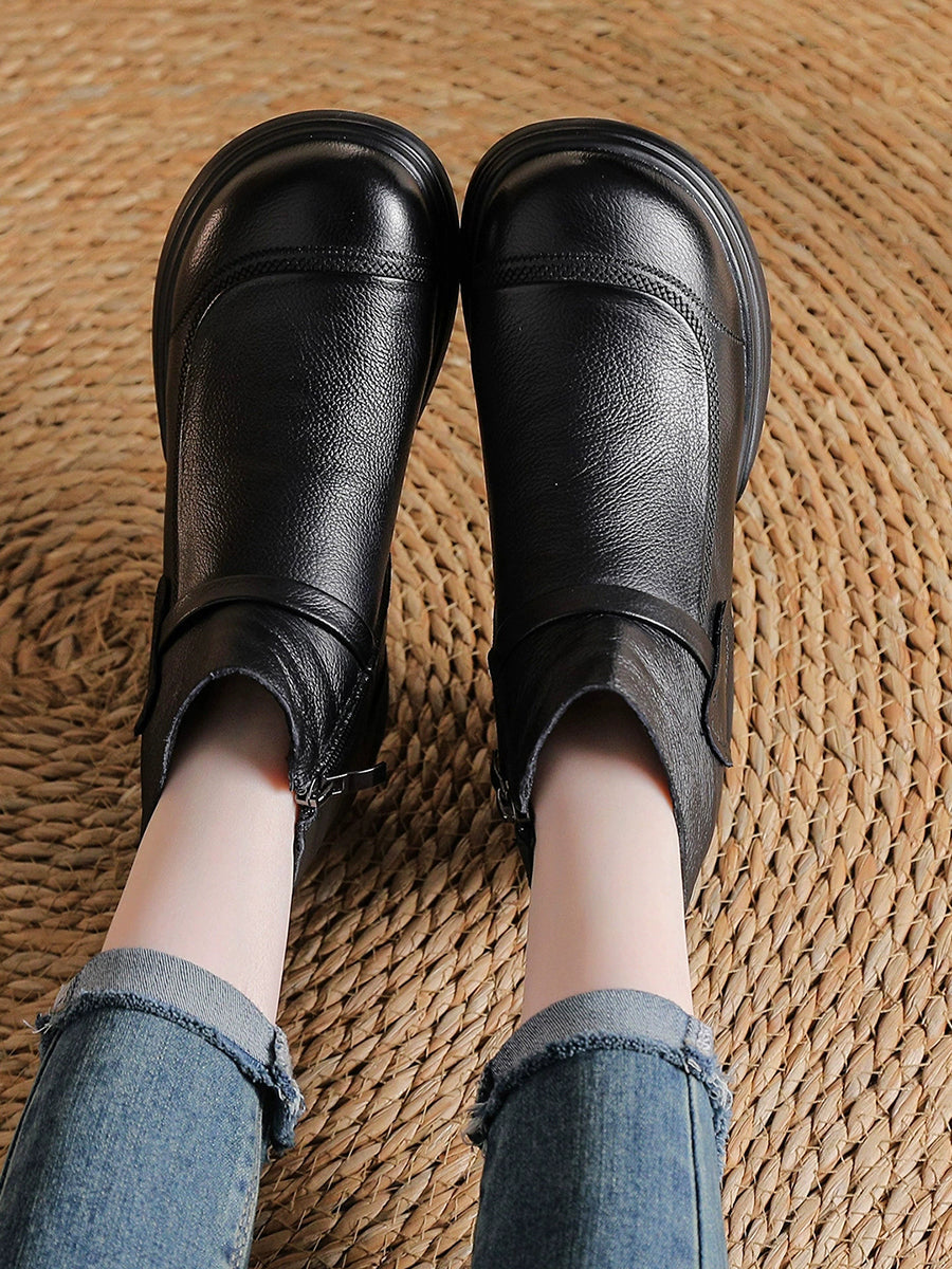 Women Winter Pure Color Leather Mid-Heel Boots