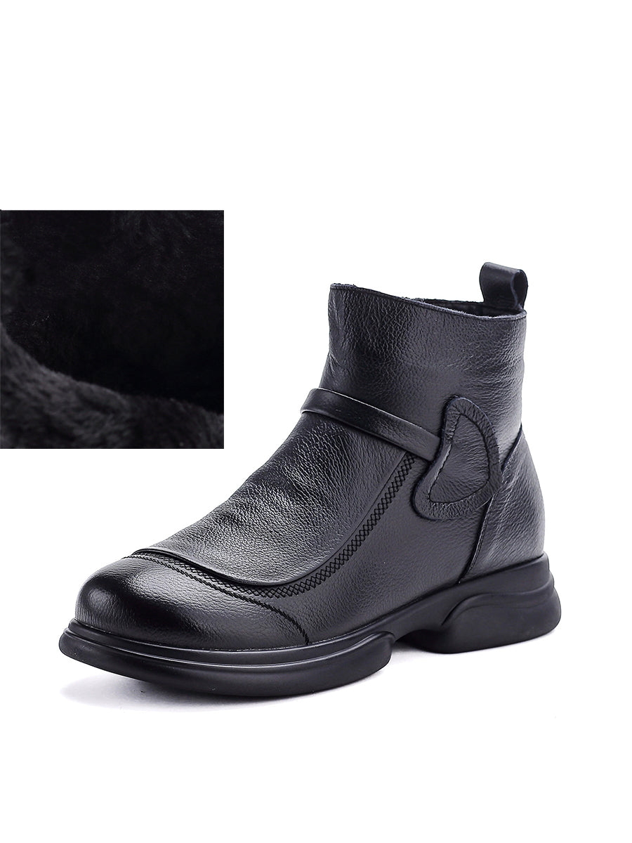 Women Winter Pure Color Leather Mid-Heel Boots
