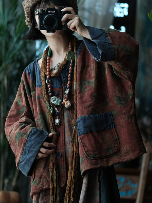 Women Autumn Vintage Flower Spliced O-Neck Padded Coat