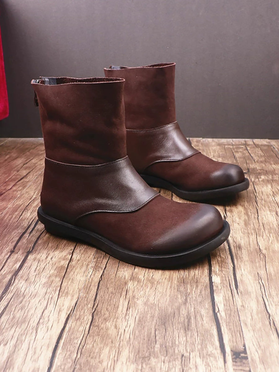 Women Vintage Genuine Leather Sliced Flat Boots