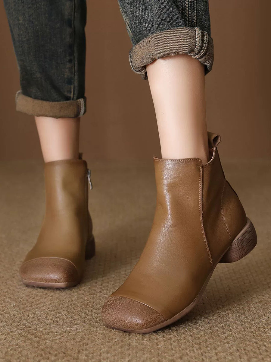 Women Vintage Genuine Leather Low Heel Ankle Boots