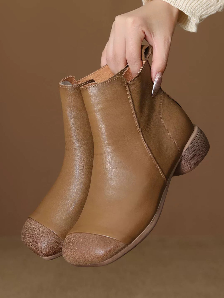 Women Vintage Genuine Leather Low Heel Ankle Boots