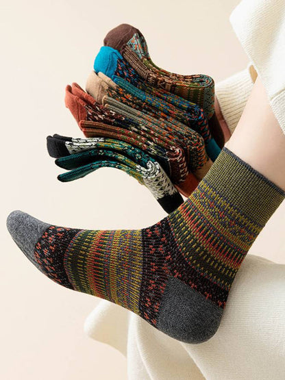 6 Pairs Women Winter Vintage Stripe Cotton Socks