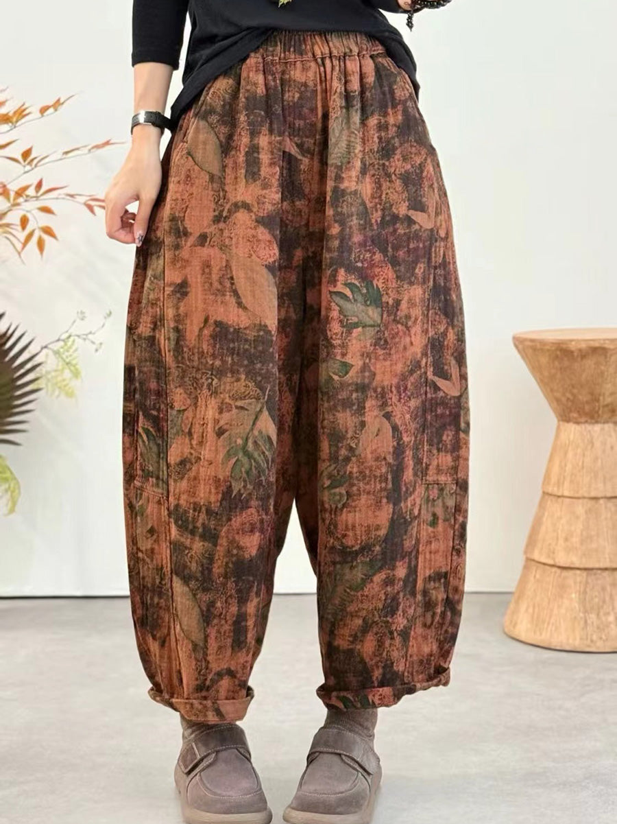 Women Winter Retro Flower Harem Padded Pants