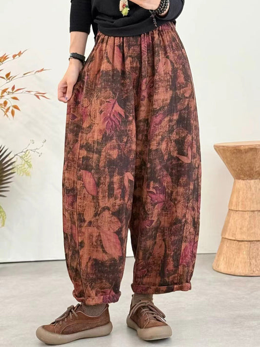 Women Winter Retro Flower Harem Padded Pants