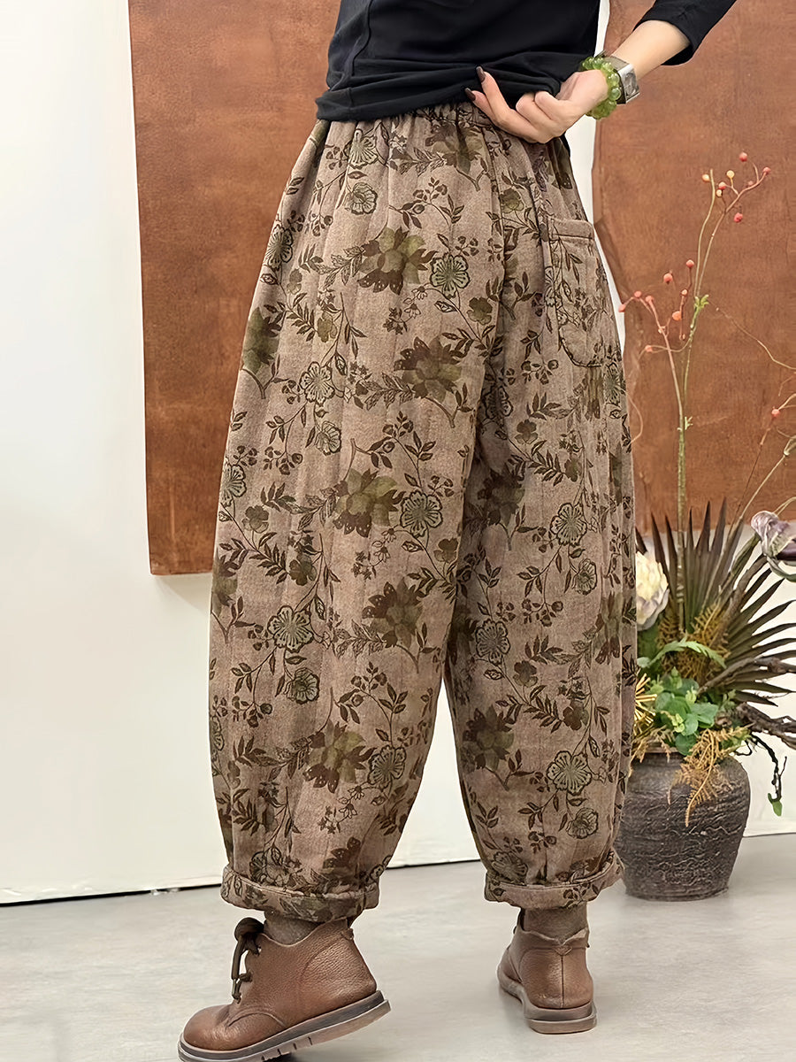 Women Winter Retro Flower Harem Padded Pants