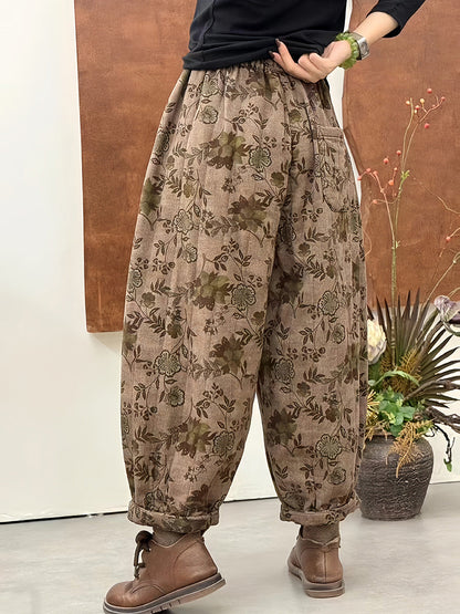 Women Winter Retro Flower Harem Padded Pants