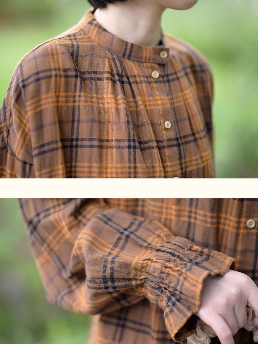 Women Autumn Artsy Plaid Stand Collar 100%Cotton Shirt