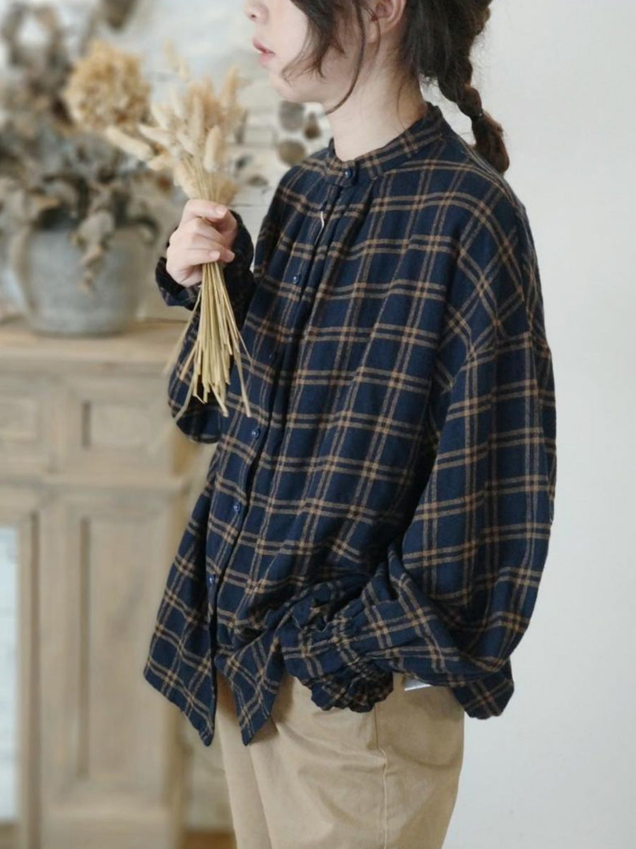 Women Autumn Artsy Plaid Stand Collar 100%Cotton Shirt