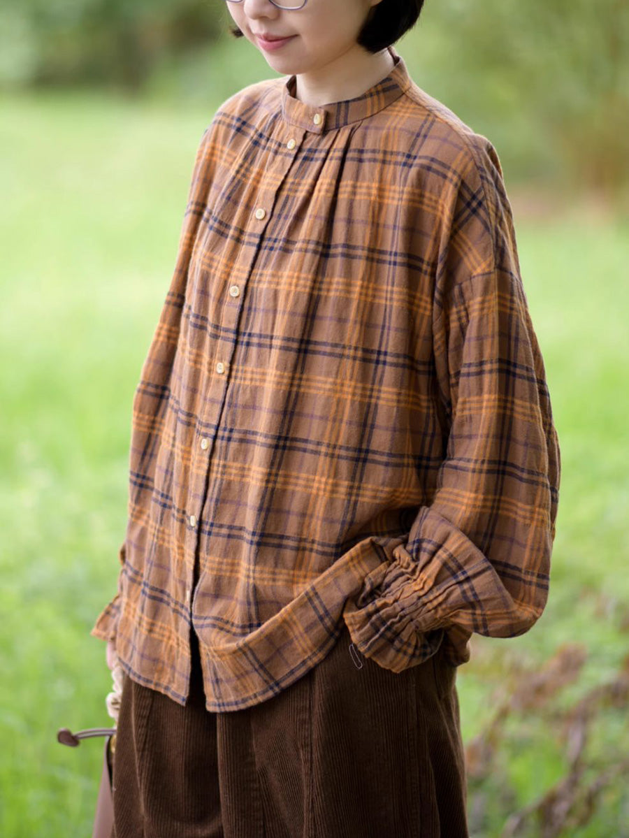 Women Autumn Artsy Plaid Stand Collar 100%Cotton Shirt