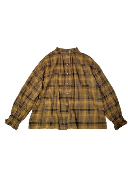 Women Autumn Artsy Plaid Stand Collar 100%Cotton Shirt