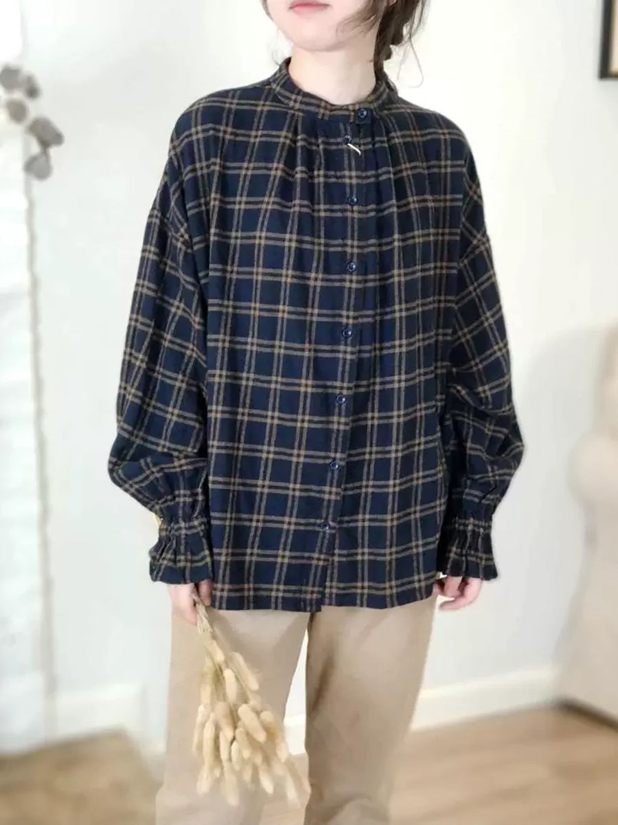 Women Autumn Artsy Plaid Stand Collar 100%Cotton Shirt