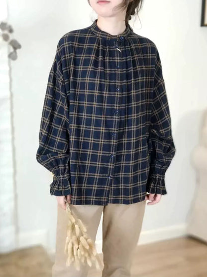 Women Autumn Artsy Plaid Stand Collar 100%Cotton Shirt