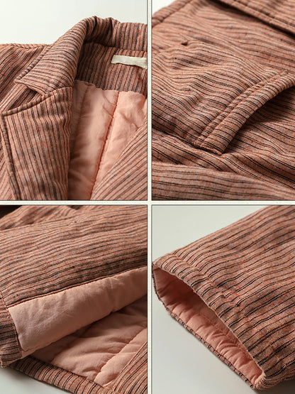 Women Winter Stripe Turn-down Collar Padded Coat