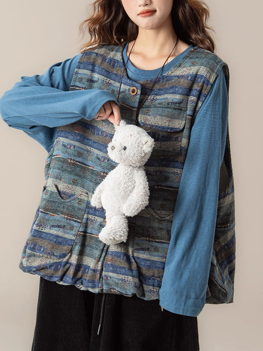 Women Autumn Retro Colorblock Stripe O-Neck Vest