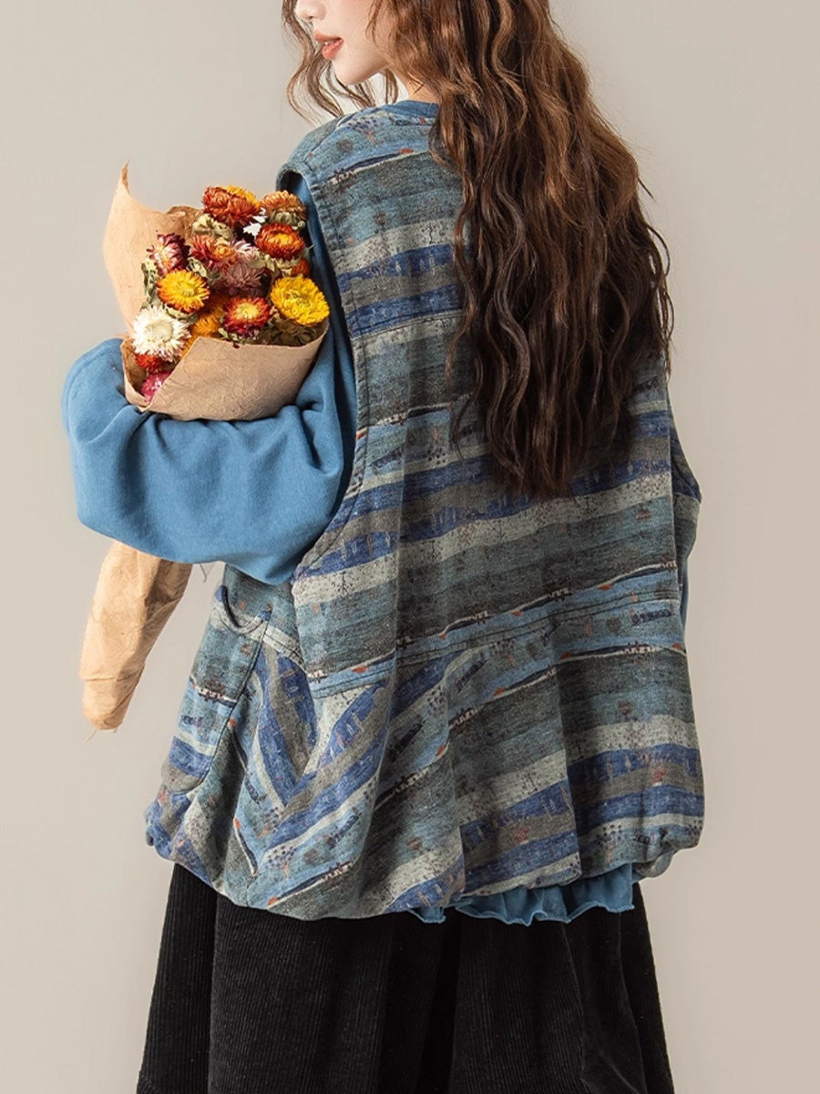 Women Autumn Retro Colorblock Stripe O-Neck Vest