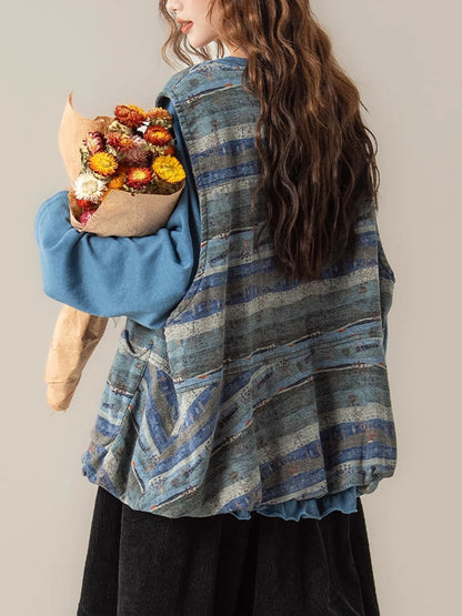 Women Autumn Retro Colorblock Stripe O-Neck Vest