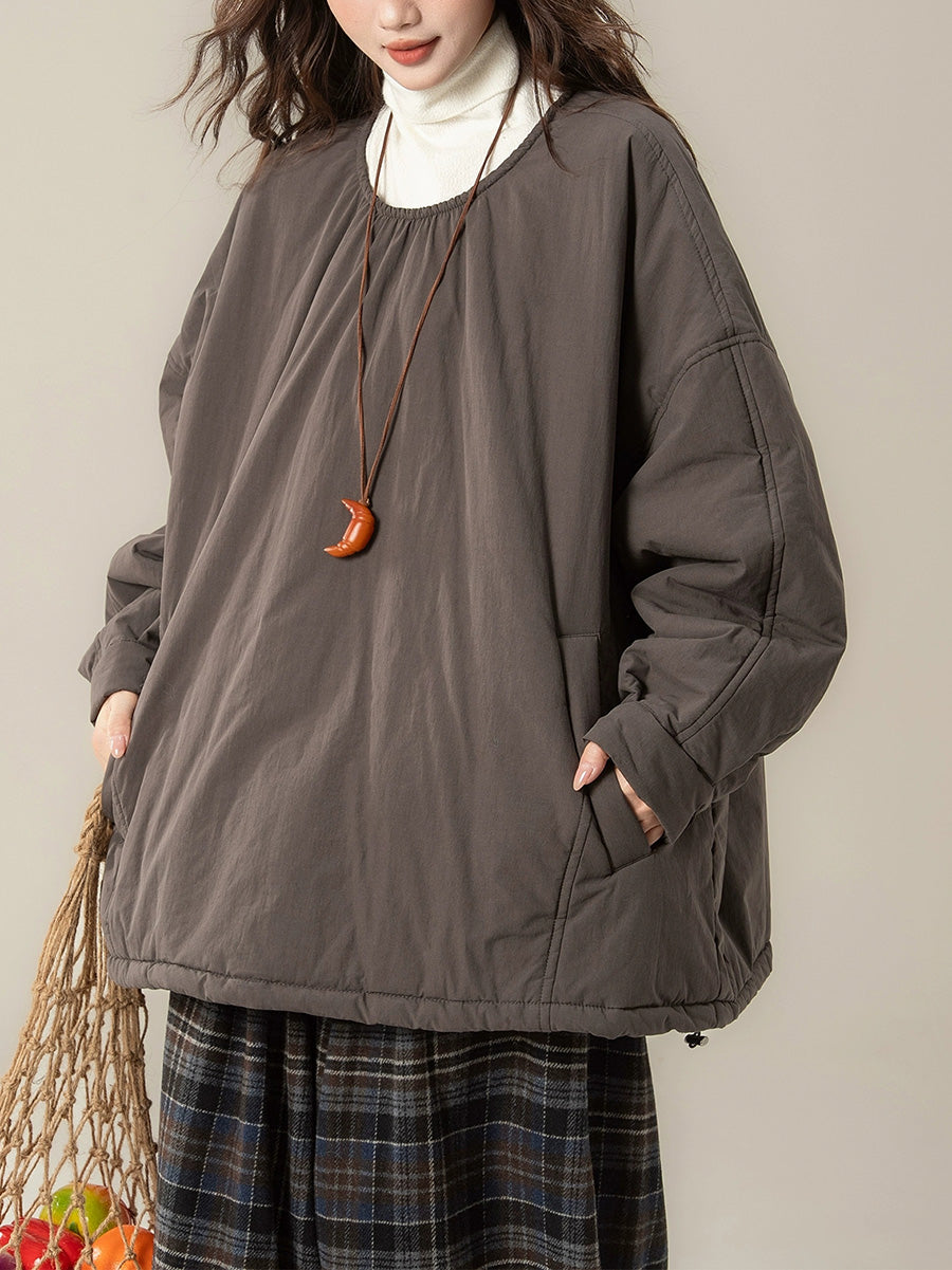 Women Autumn Casual Pure Color O-Neck Padded Blouse