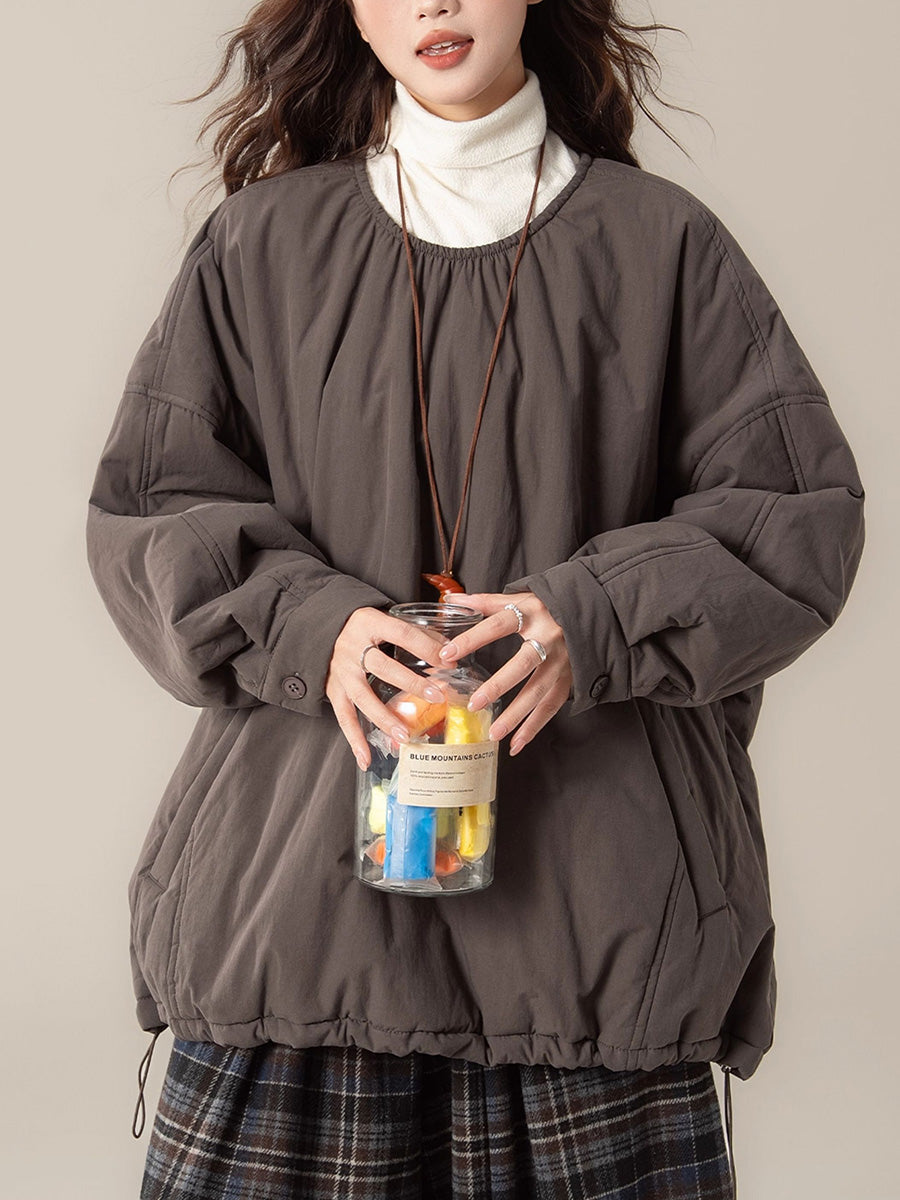 Women Autumn Casual Pure Color O-Neck Padded Blouse