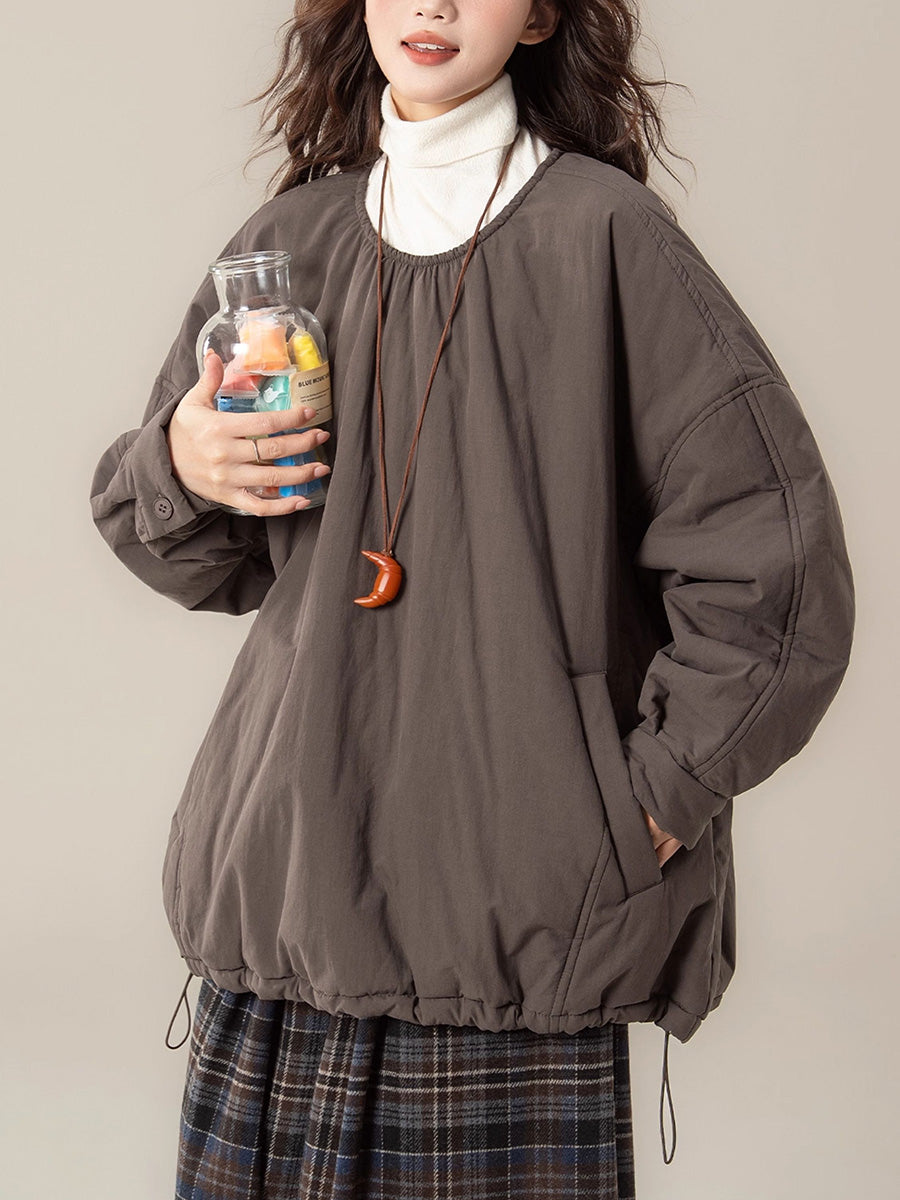 Women Autumn Casual Pure Color O-Neck Padded Blouse