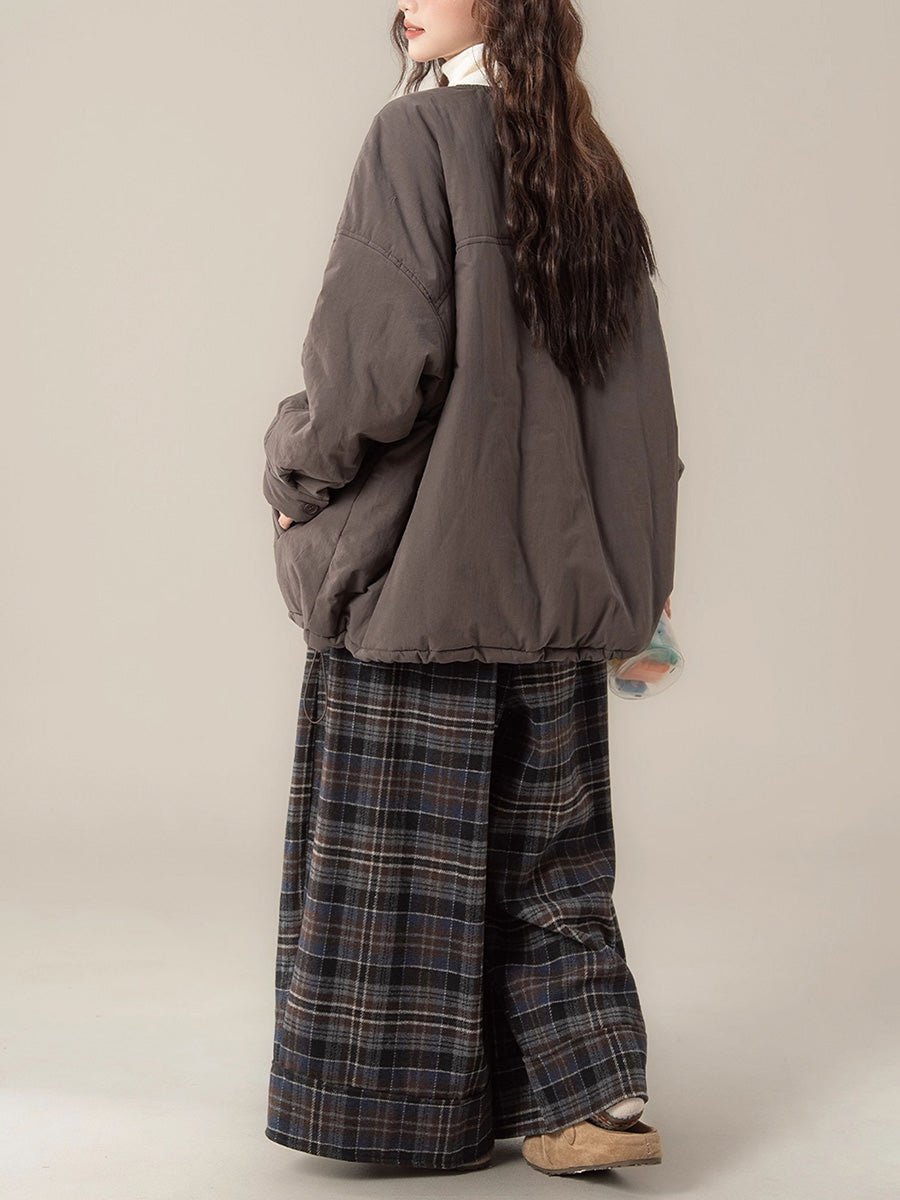 Women Autumn Casual Pure Color O-Neck Padded Blouse