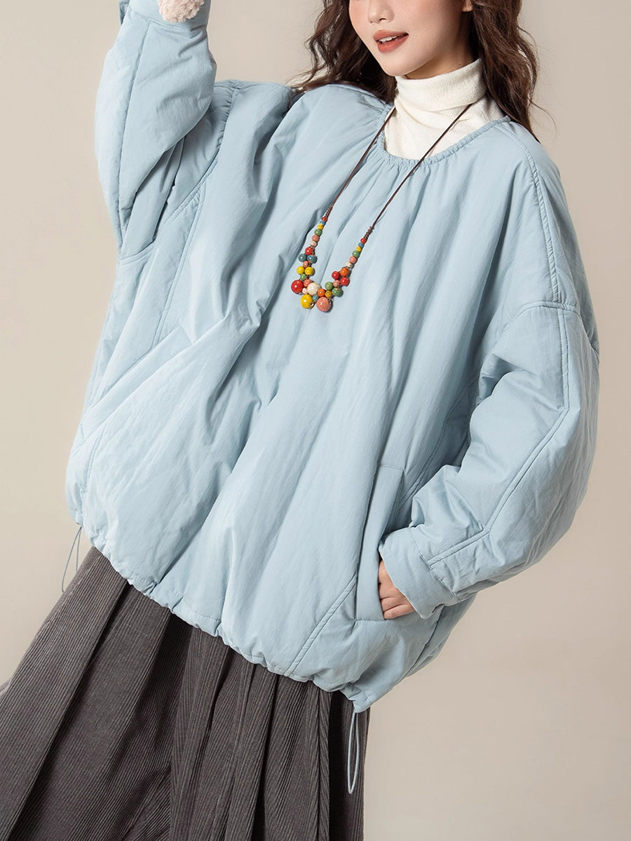 Women Autumn Casual Pure Color O-Neck Padded Blouse