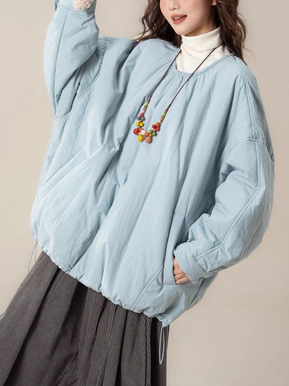Women Autumn Casual Pure Color O-Neck Padded Blouse