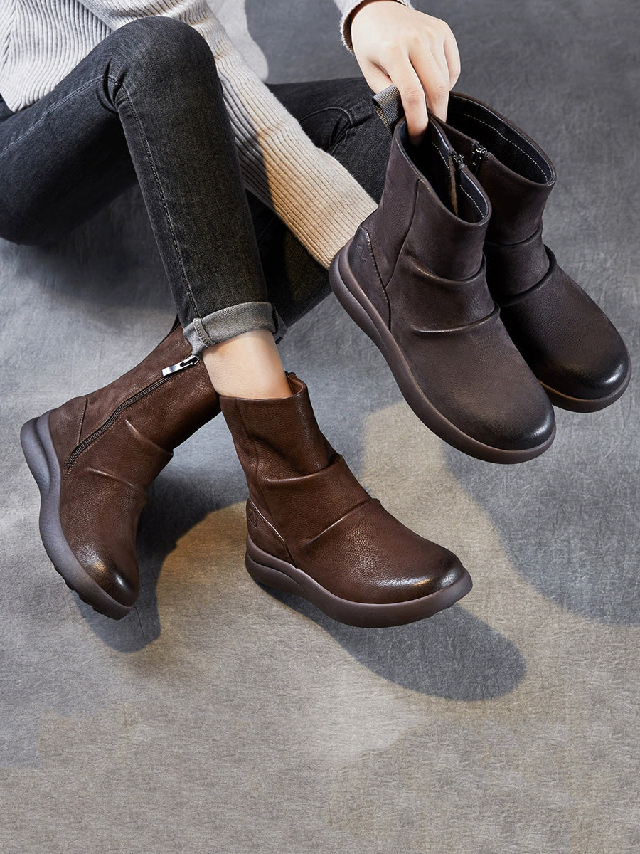 Women Winter Retro Genuine Leater Flat Boots
