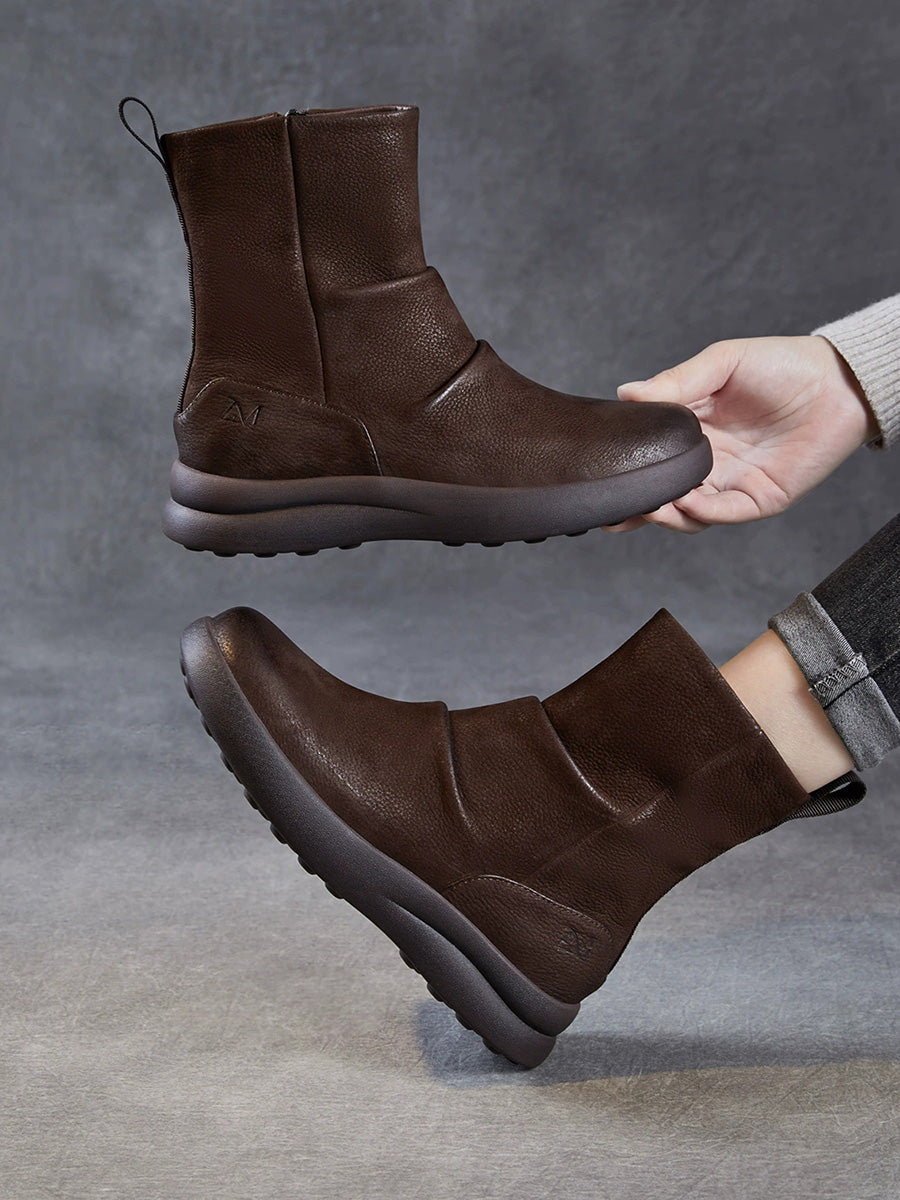 Women Winter Retro Genuine Leater Flat Boots