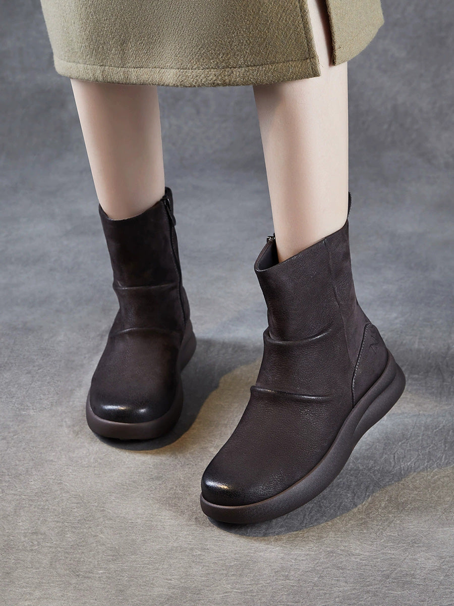 Women Winter Retro Genuine Leater Flat Boots