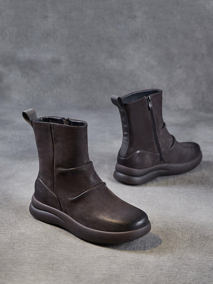 Women Winter Retro Genuine Leater Flat Boots