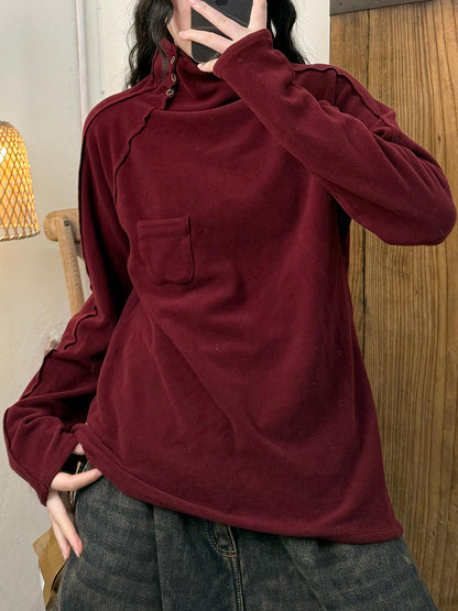 Women Autumn Retro Pure Color Turtleneck Cotton Blouse