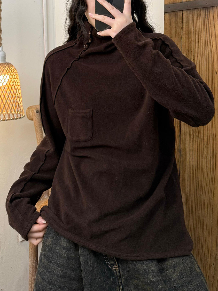 Women Autumn Retro Pure Color Turtleneck Cotton Blouse