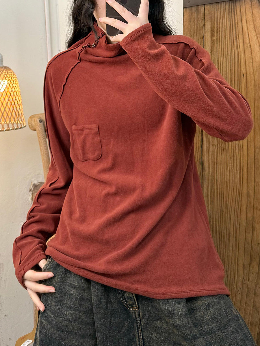 Women Autumn Retro Pure Color Turtleneck Cotton Blouse