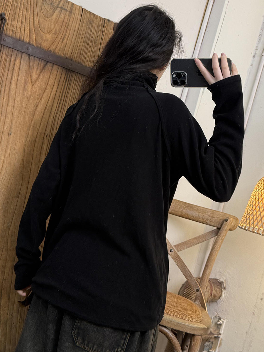 Women Autumn Retro Pure Color Turtleneck Cotton Blouse