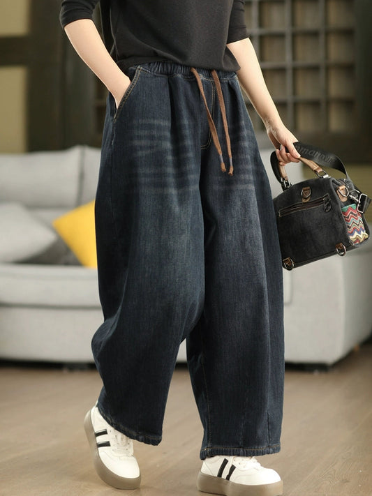 Women Winter Retro Fleece-lined Denim Harem Pants