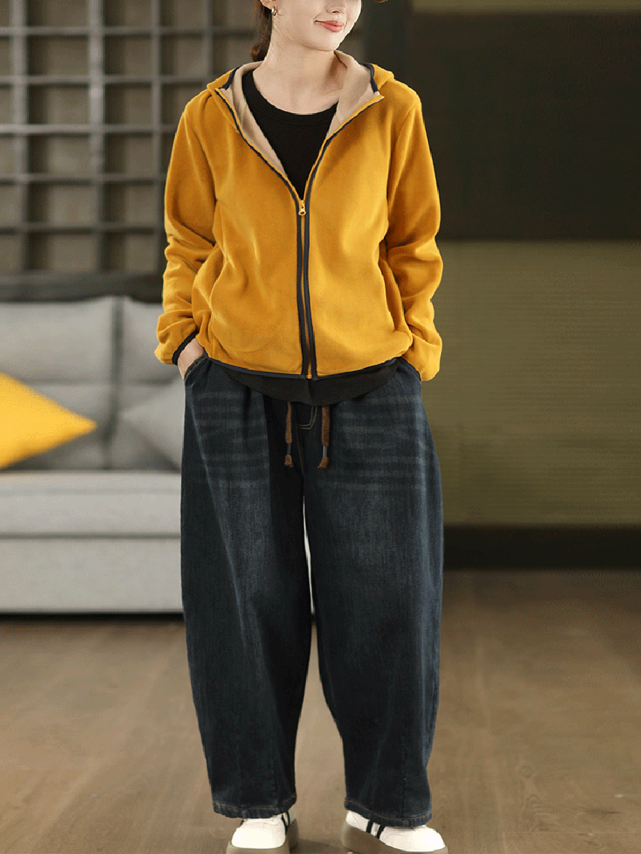 Women Winter Retro Fleece-lined Denim Harem Pants