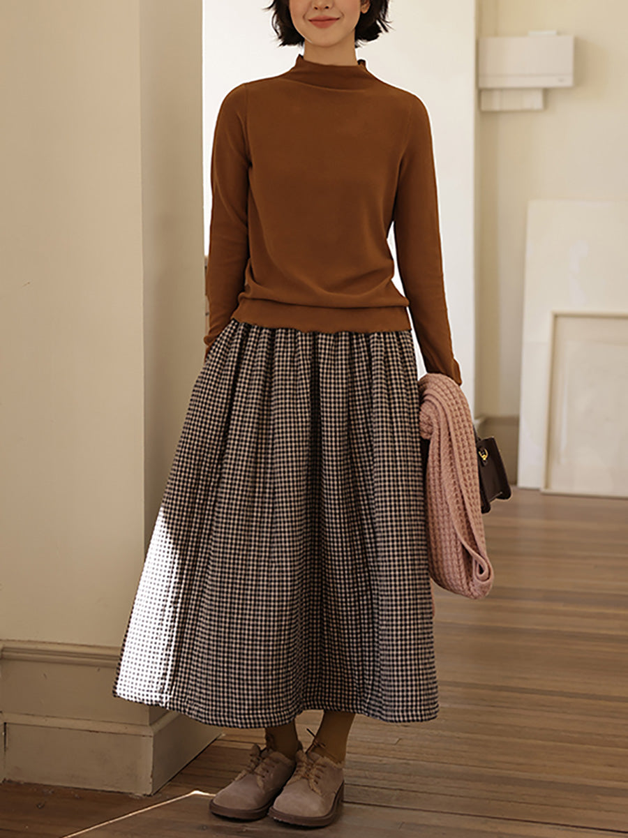 Women Autumn Retro Plaid A-Shape 100%Cotton Skirt