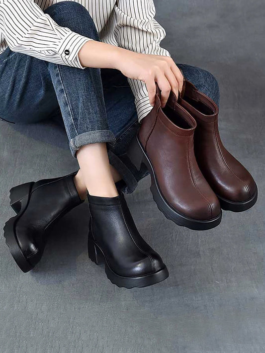 Women Winter Genuine Leather Mid-Heel Ankle Boots
