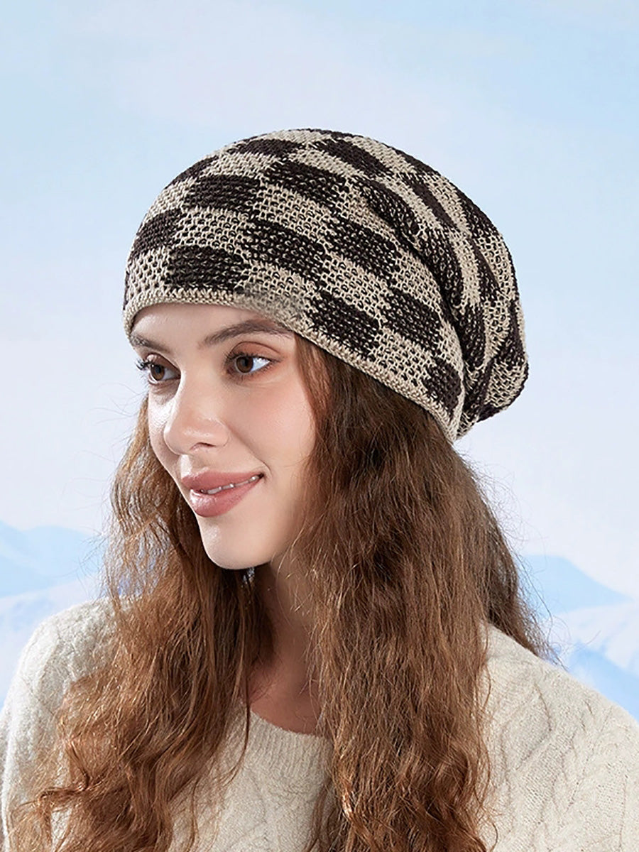 Winter Plaid Knitted Fleece-lined Warm Hat
