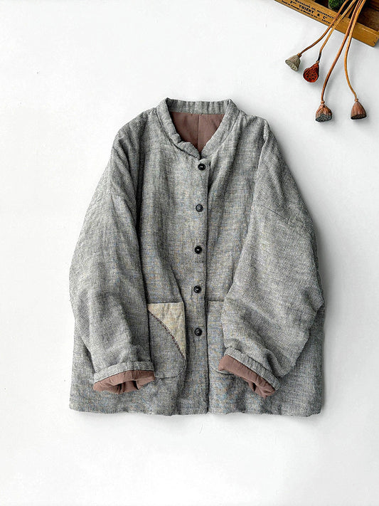 Women Retro Autumn Lattice O-Neck 100%Linen Padded Coat