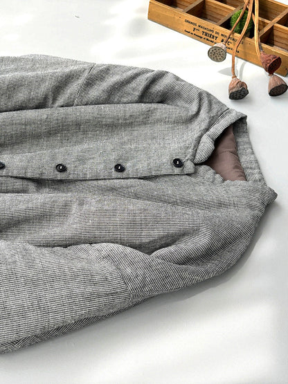 Women Retro Autumn Lattice O-Neck 100%Linen Padded Coat