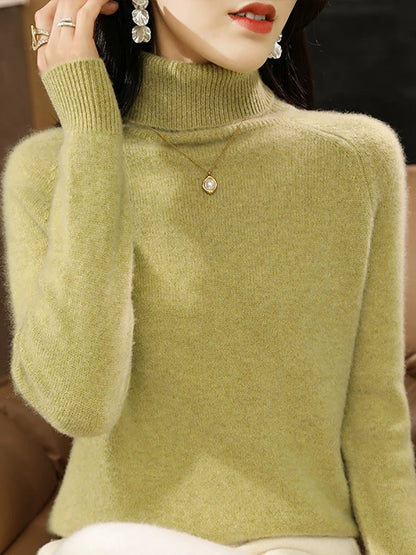 Women Autumn Pure Color Wool Turtleneck Knitted Sweater