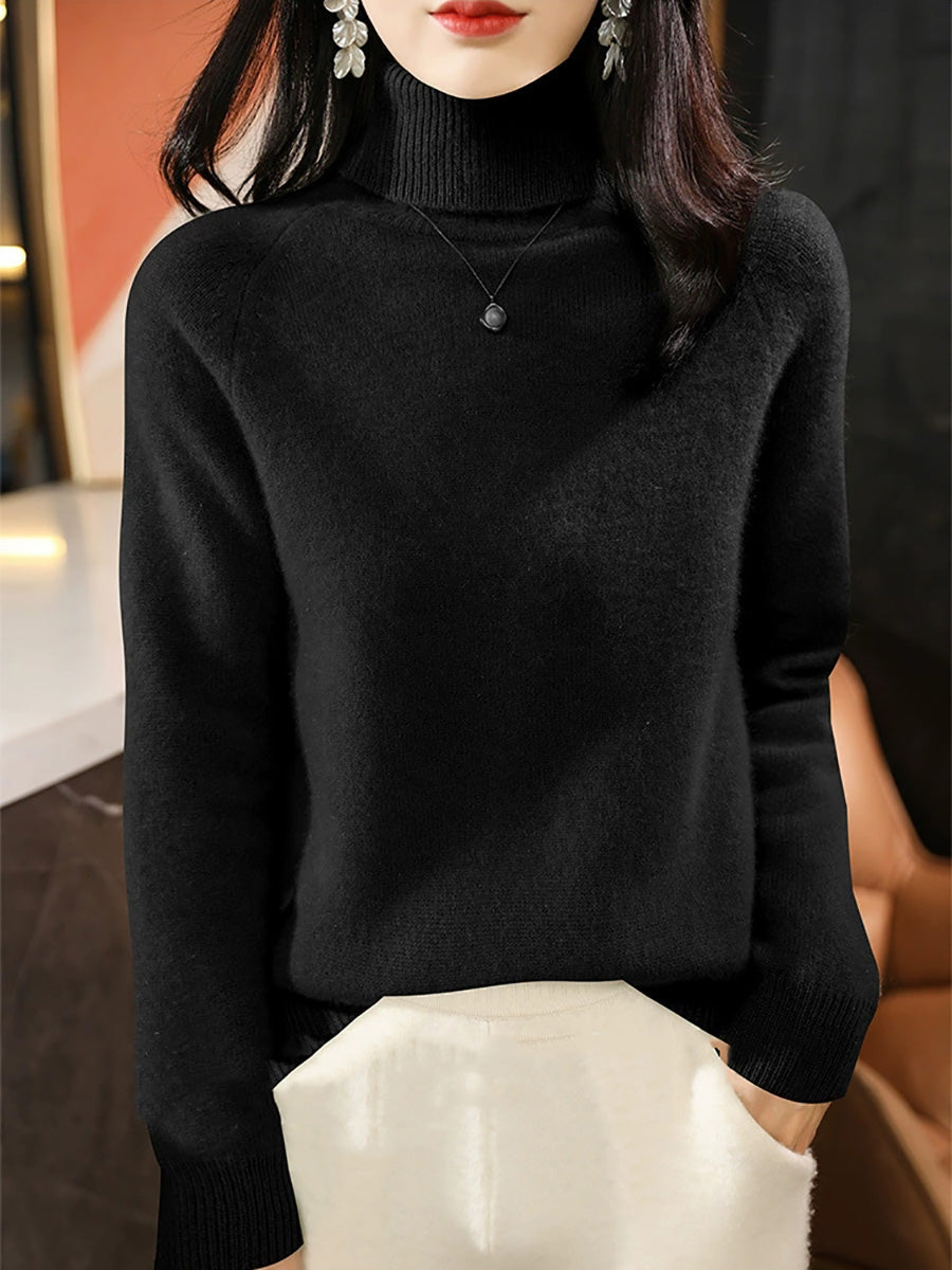 Women Autumn Pure Color Wool Turtleneck Knitted Sweater