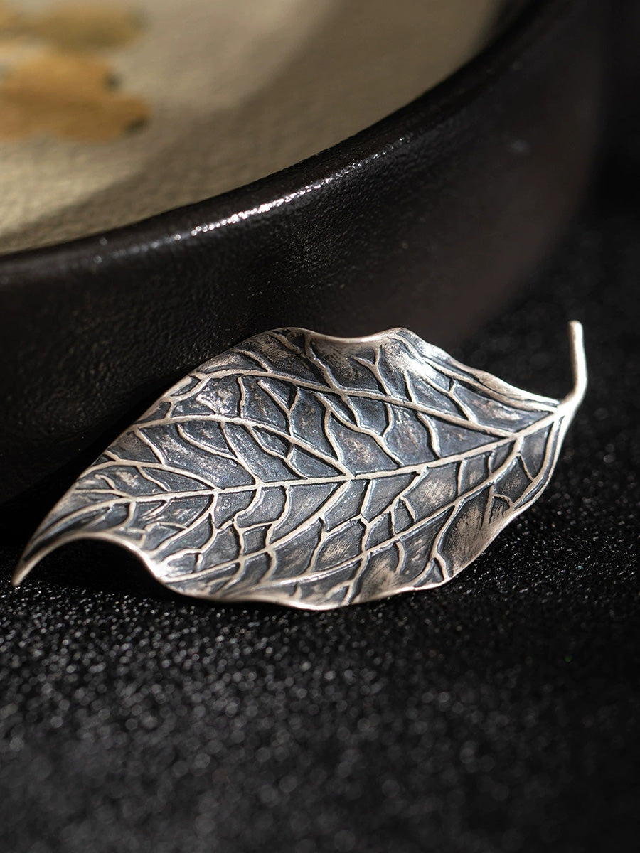 Women Vintage Worn Leaf S925Silver Brooch