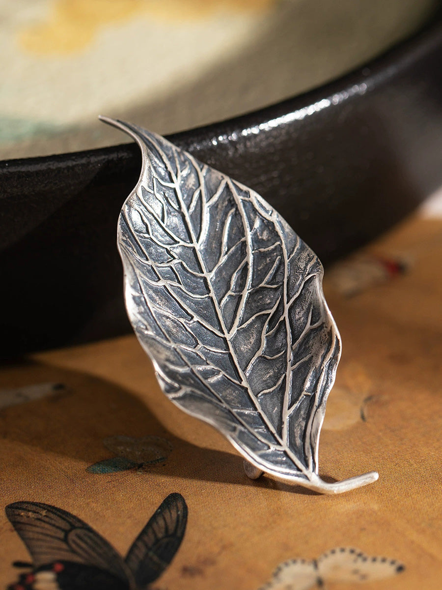 Women Vintage Worn Leaf S925Silver Brooch